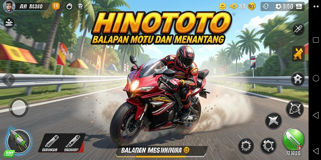 Gameplay HINOTOTO yang mendebarkan dengan motor balap penuh kecepatan.