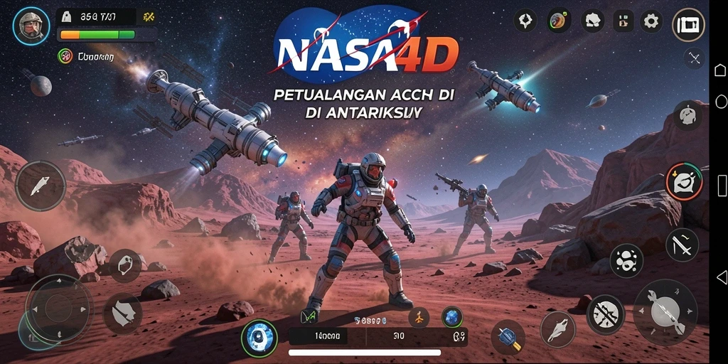 Screenshot utama NASA4D menampilkan gameplay aksi luar angkasa yang mendebarkan.